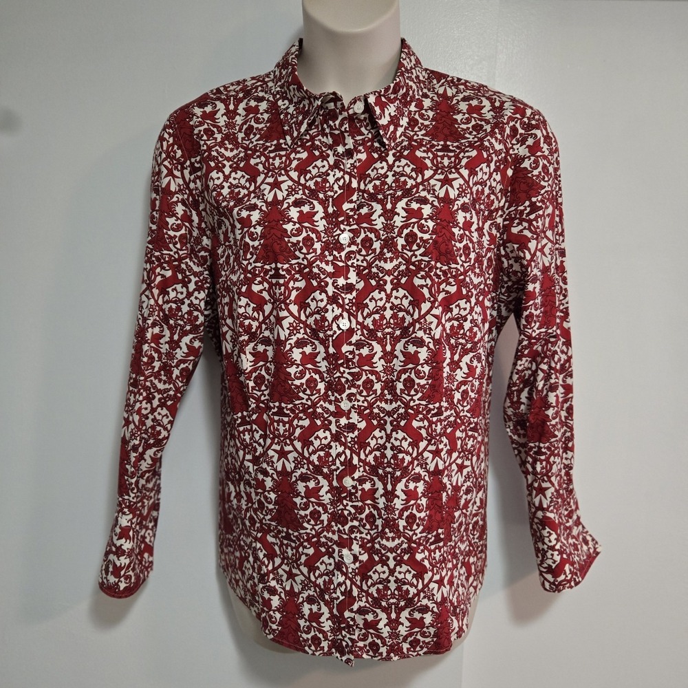 Talbots Plus Size‎ 18W Red  Wrinkle Resistant Blouse Holiday Tree Reindeer Doves